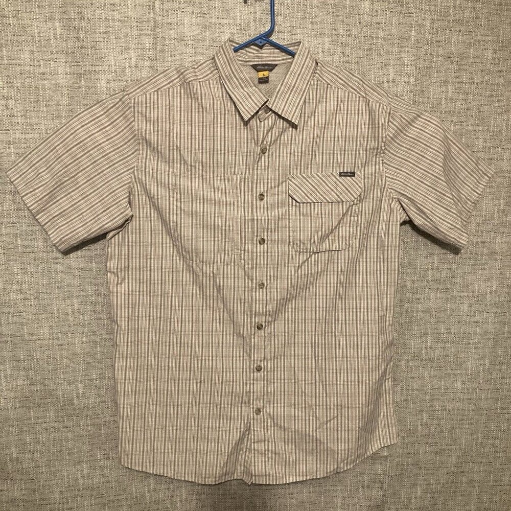 Eddie Bauer Shirt Mens TXL Button Up Beige Plaid Vented Short Sleeve.